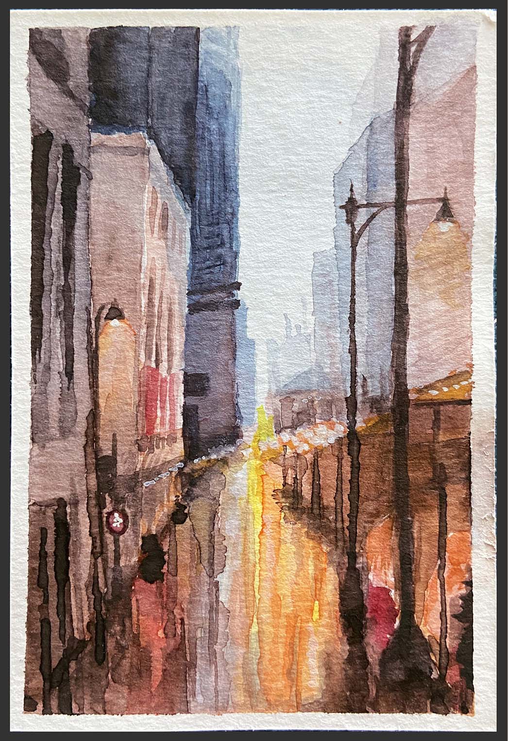 Watercolor study of a rainy city